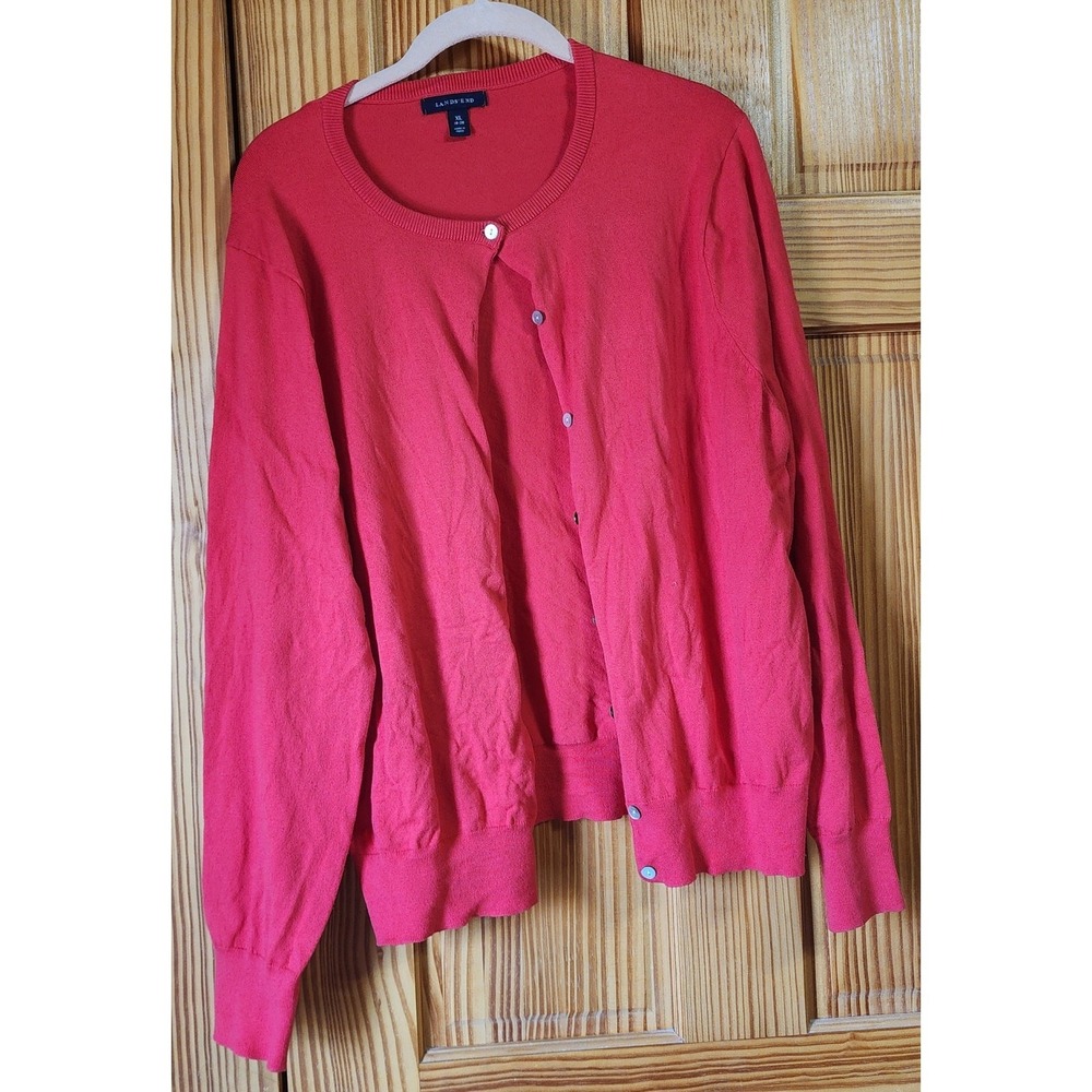 Lands' End Button Front Cardigan Sweater Red XL 18–20